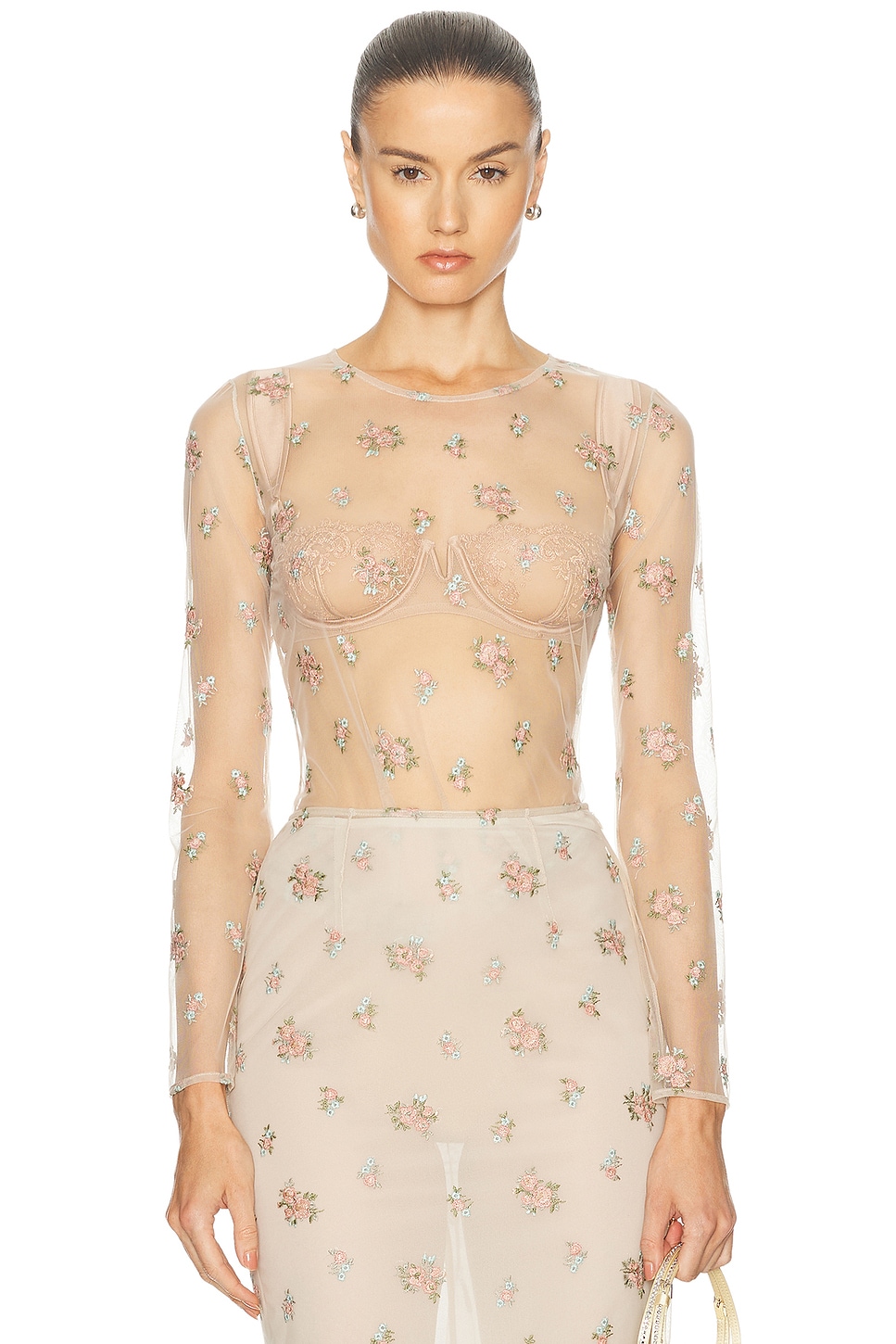 Shop Blumarine Flower Embroidered Blouse In Grain & Ginger