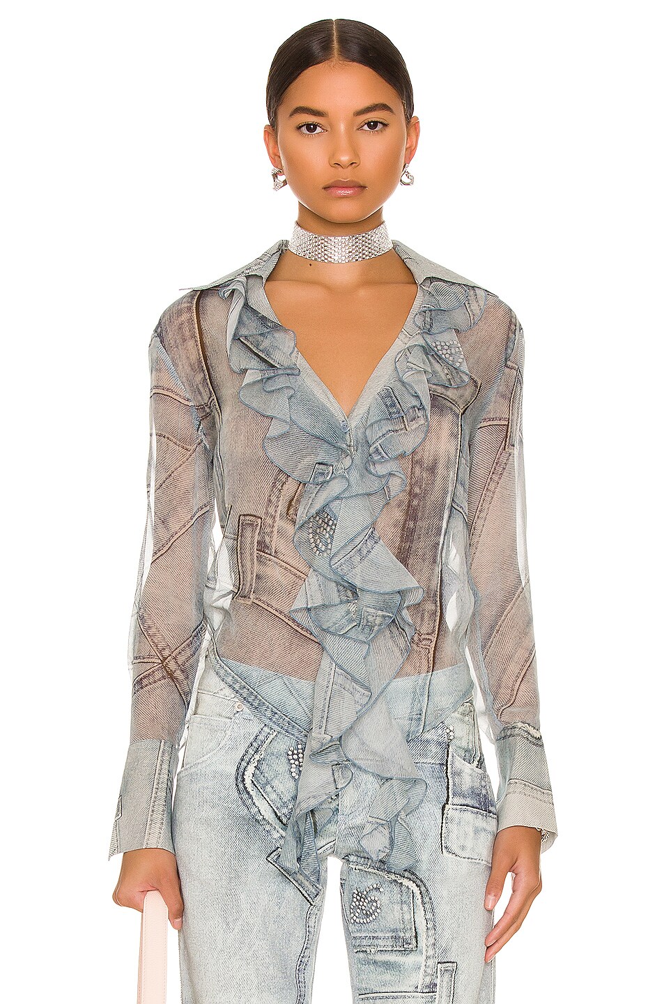 Image 1 of Blumarine Printed Ruffle Blouse in Sterling Blue