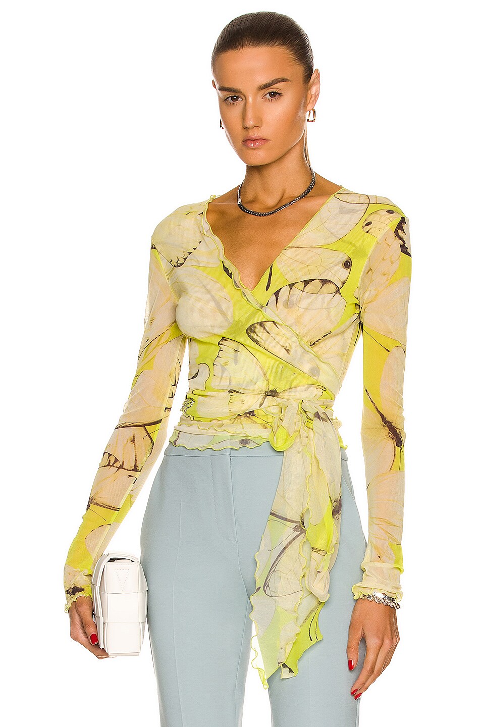 Image 1 of Blumarine Printed Tulle Wrap Top in Lime & Giallo