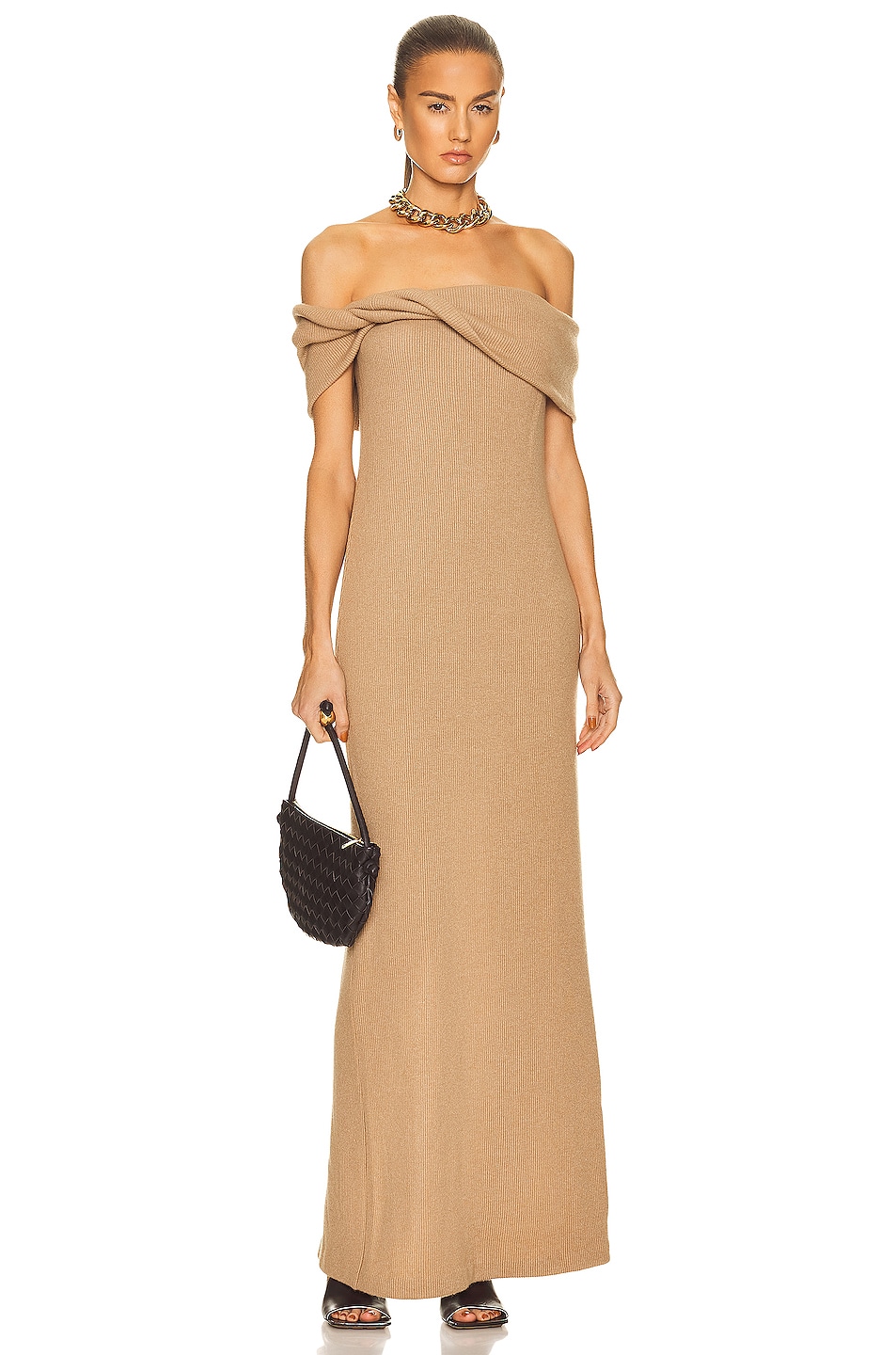 Image 1 of Brandon Maxwell Off the Shoulder Rib Knit Gown in Camel