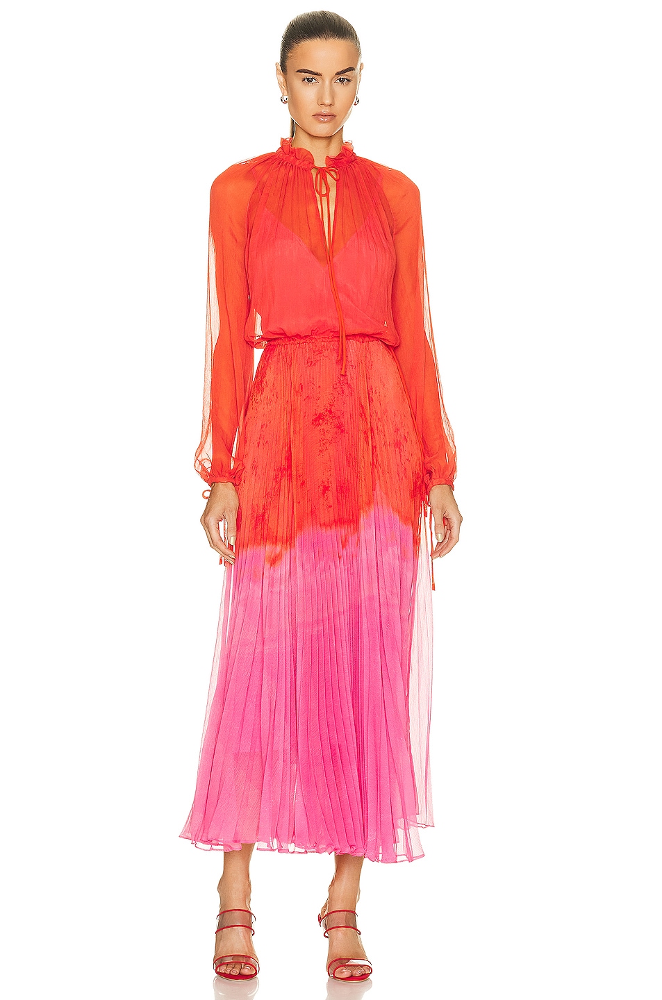Image 1 of Brandon Maxwell Pleated Maxi Dress in Fiery Red & Pink Lemonade