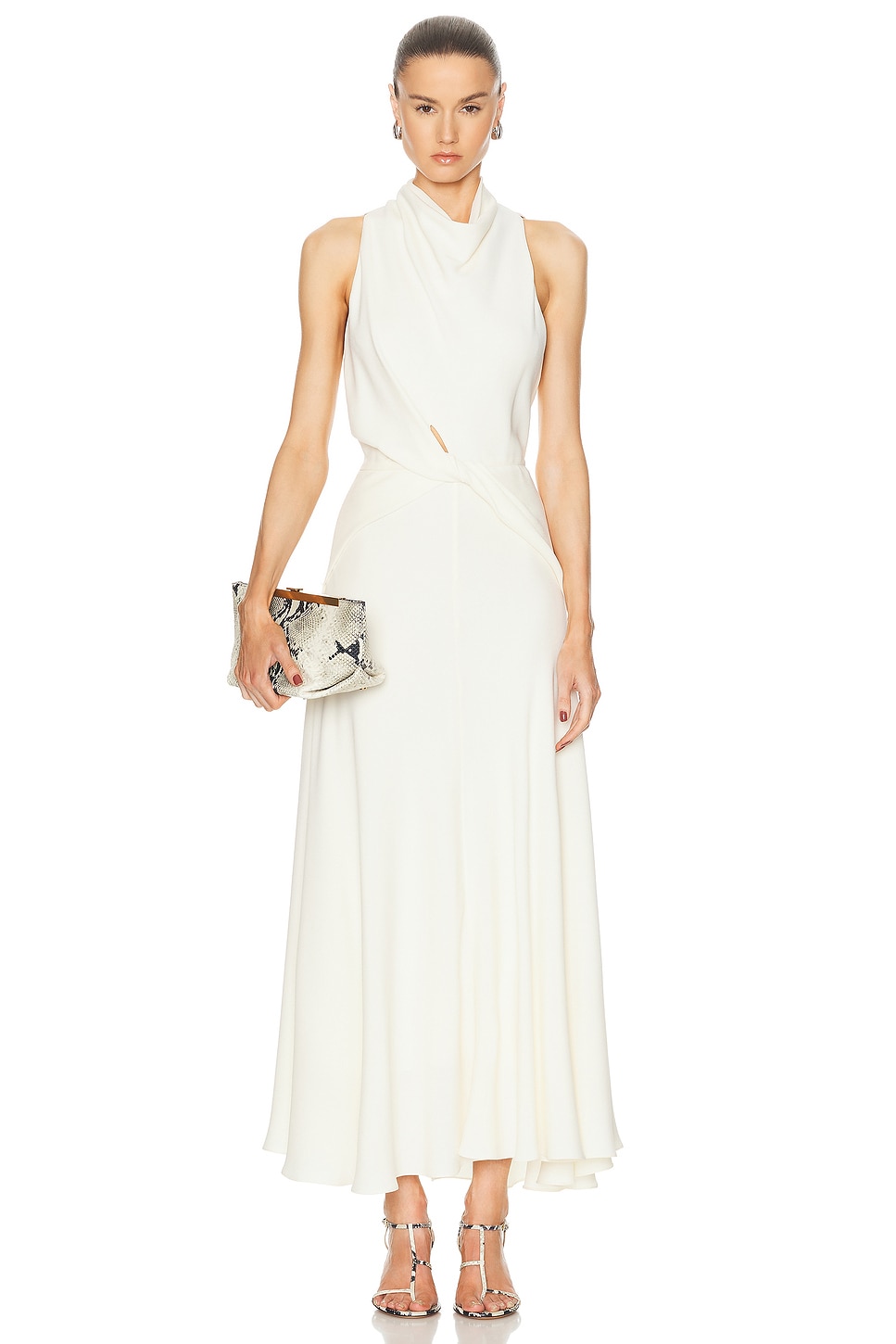 Image 1 of Brandon Maxwell The Valerie Draped Neckline & Belted Waist Dress in Ivory