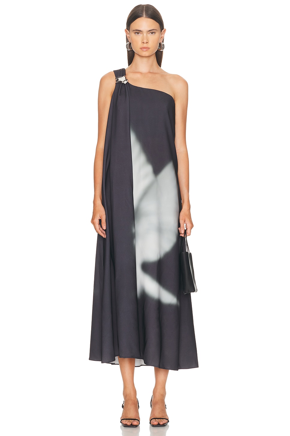 Image 1 of Brandon Maxwell The Mae One Shoulder Draped Dress in Dove Print