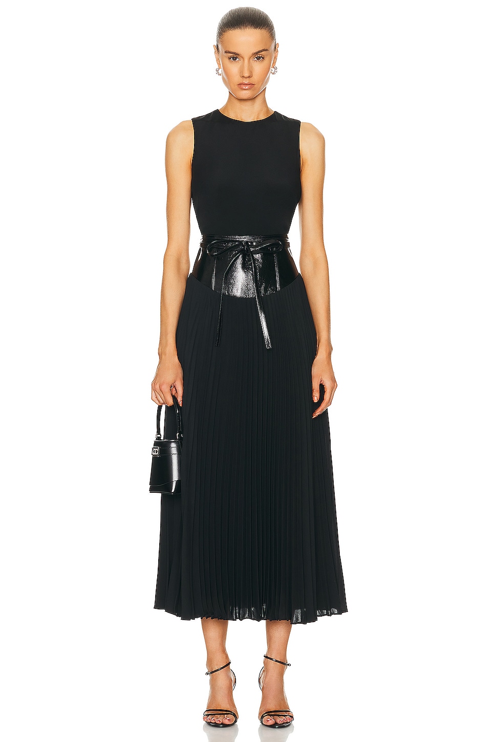 Image 1 of Brandon Maxwell Crew Neck Leather Belt Pleated Dress in Black