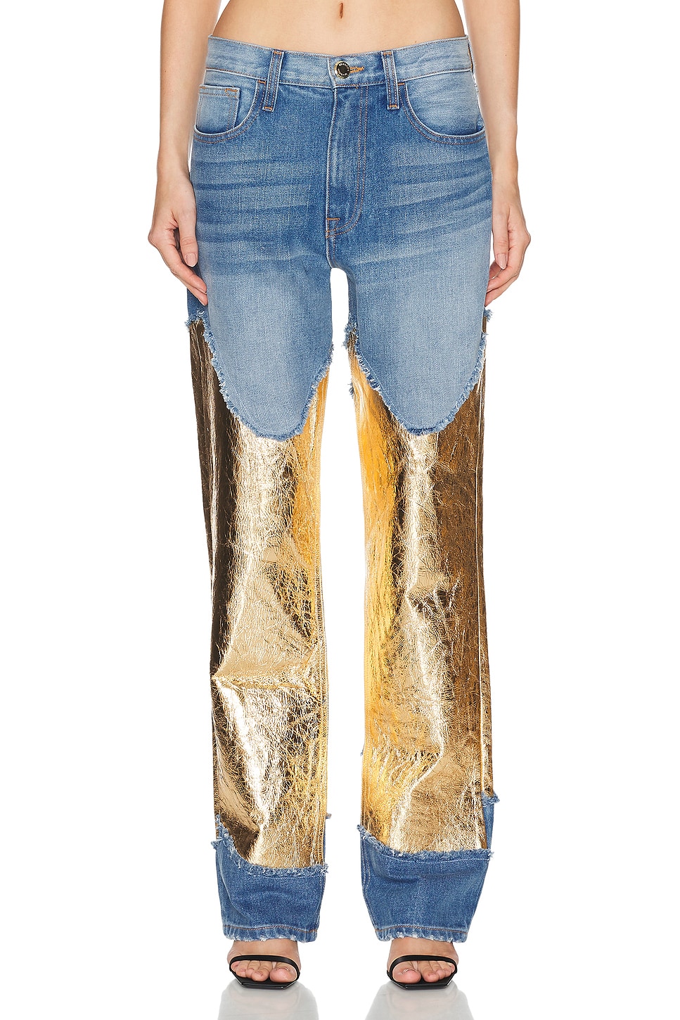 Image 1 of Brandon Maxwell The Cortlandt Denim Pant W/ Metallic Leather Combo in Indigo & Gold