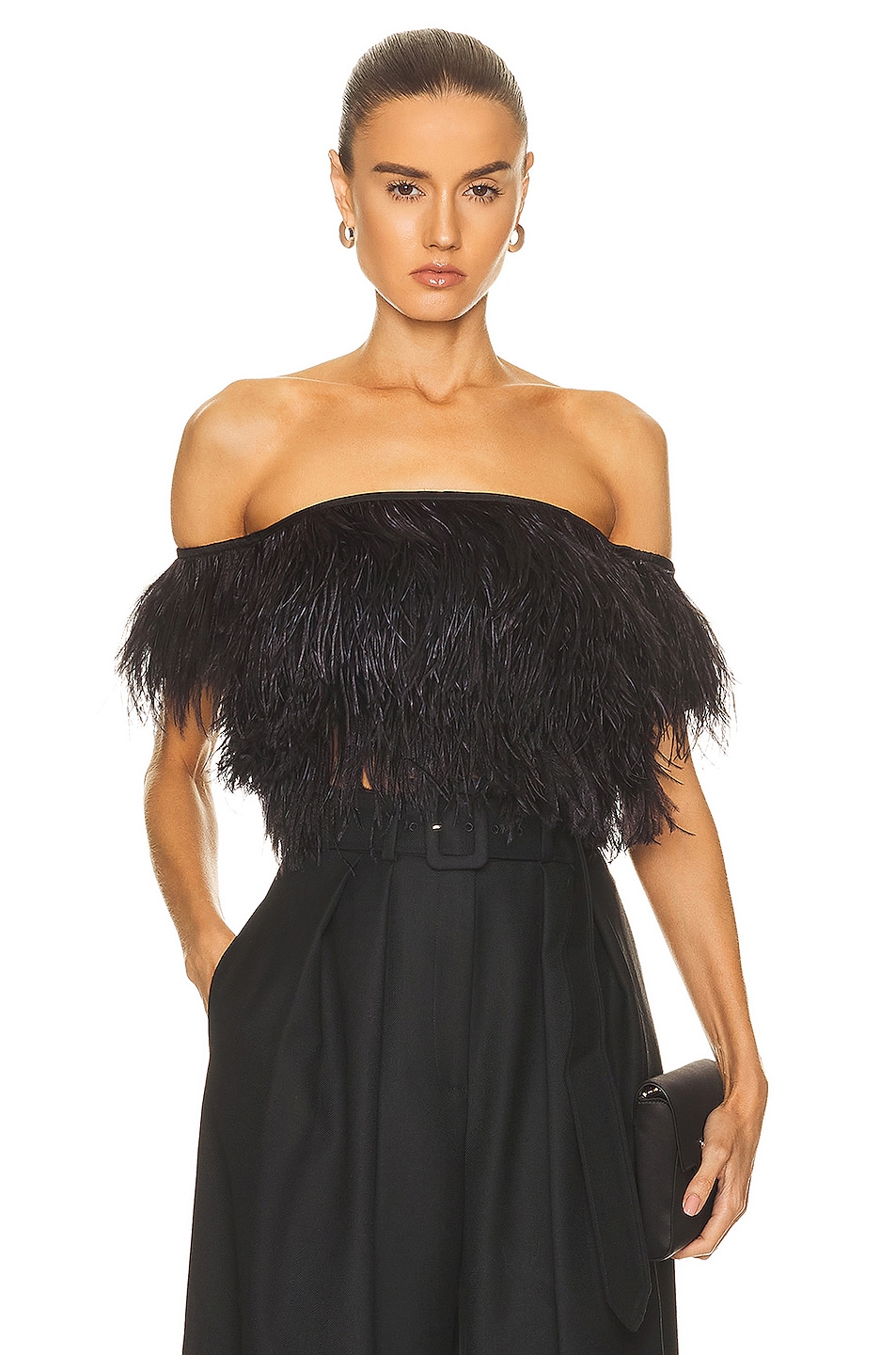 Image 1 of Brandon Maxwell Off the Shoulder Feather Crop Top in Black