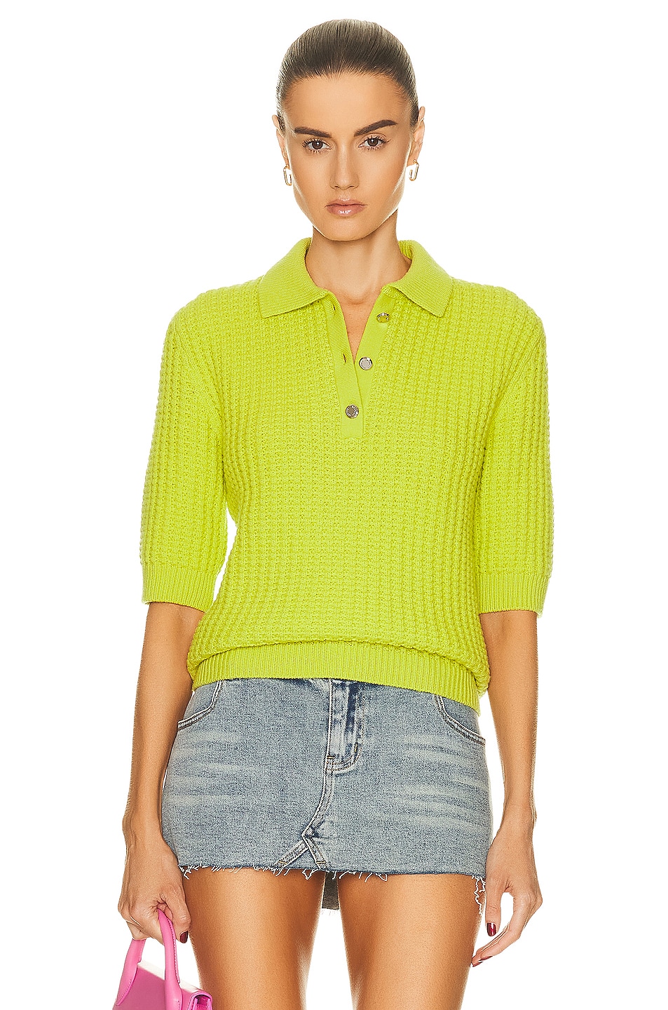 Image 1 of Brandon Maxwell Pointelle Stitch Polo Shirt in Acid Green