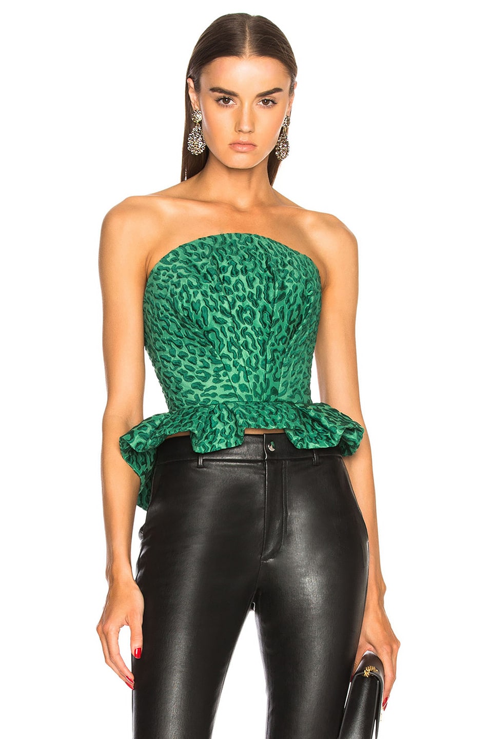 Image 1 of Brandon Maxwell Strapless Leopard Jacquard Bustier Top in Green