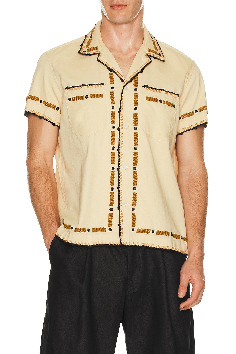 Image 1 of BODE Beaded Ryegrass Short Sleeve Shirt in Tan in Tan Brown