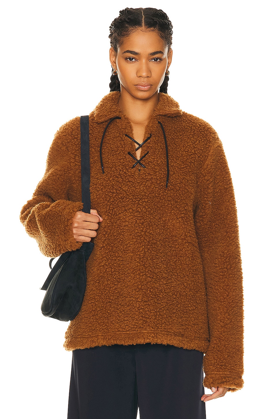 Image 1 of BODE Fleece Tie Up Pullover Sweater in Caramel