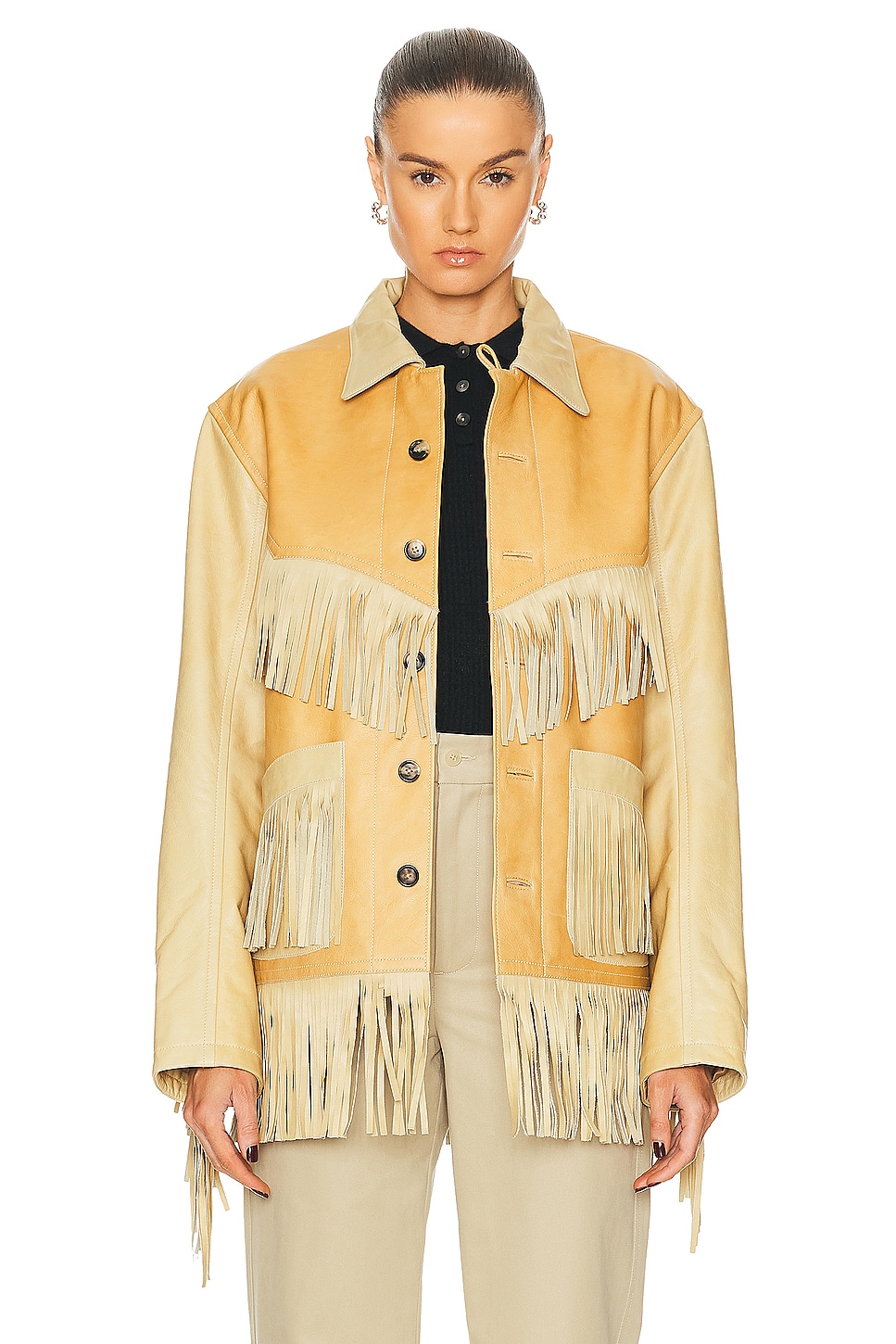 Image 1 of BODE Duo Leather Fringe Jacket in Brown & Tan
