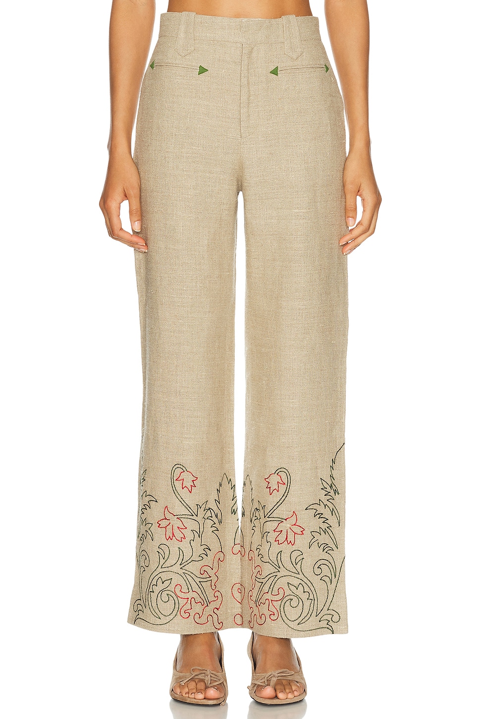 Embroidered Trumpet Flower Murphy Trouser in Tan