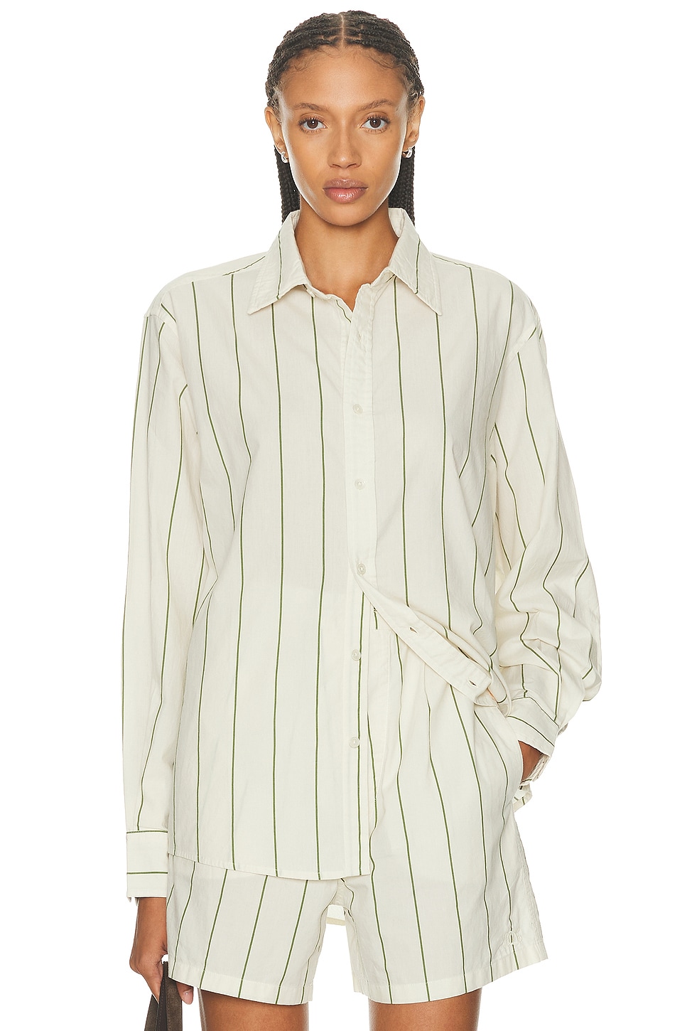 Image 1 of BODE Celery Stripe Long Sleeve Shirt in Green & Cream
