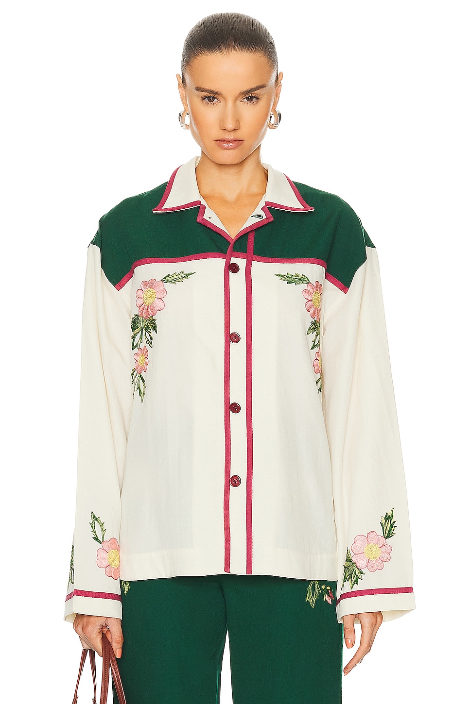 Image 1 of BODE Prarie Rose Overshirt in Green & Ecru