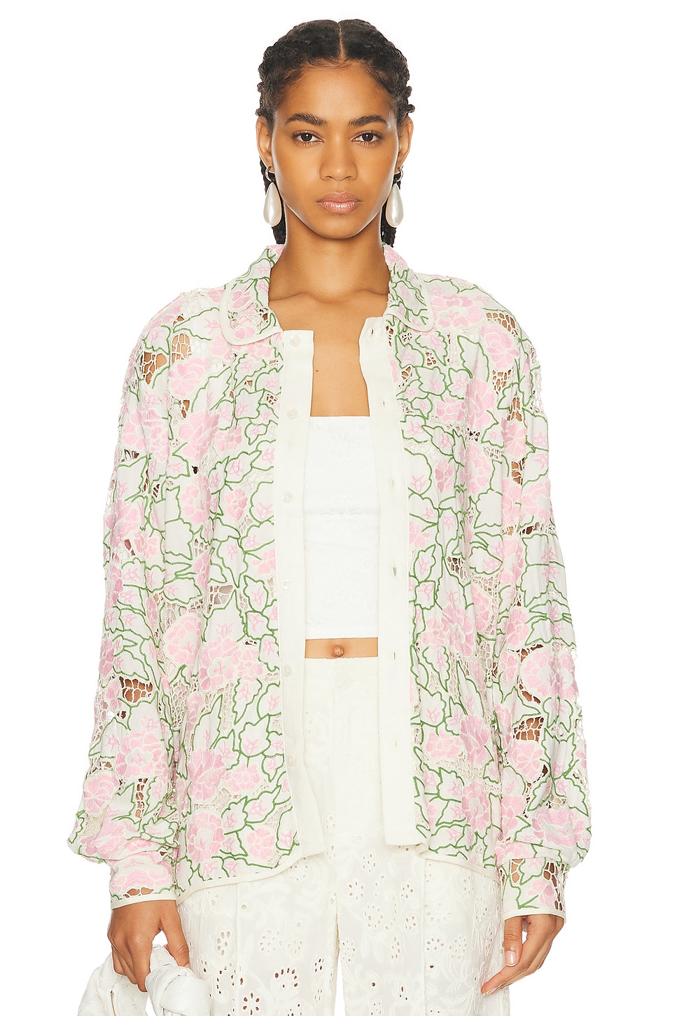 Image 1 of BODE Peony Lace Long Sleeve Shirt in Pink Multi
