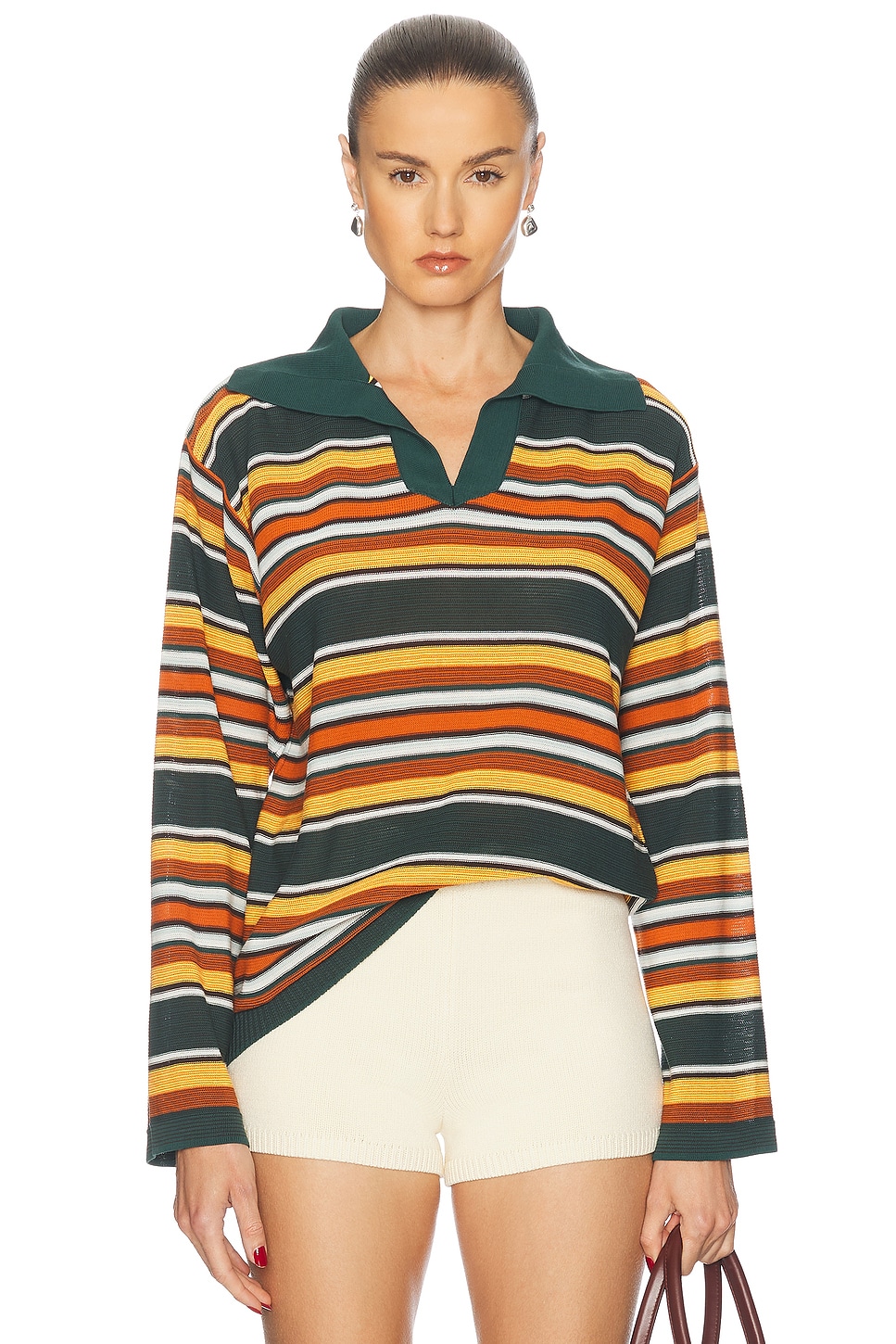 Parakeet Stripe Long Sleeve Polo Top in Dark Green