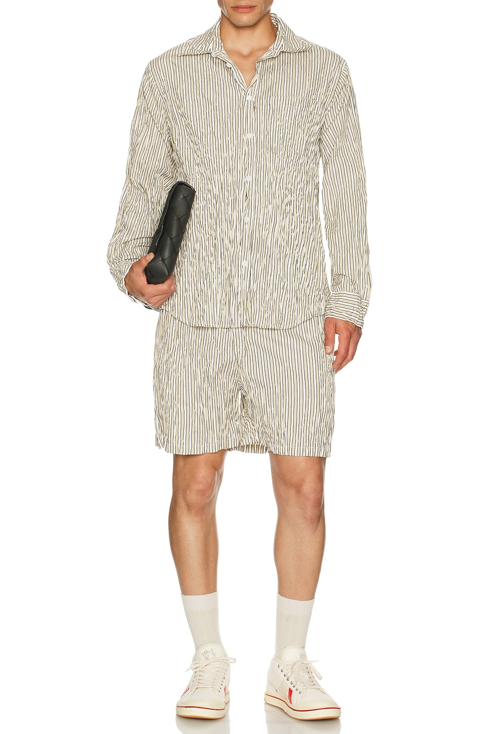 Image 1 of Bottega Veneta Crushed Tech Cotton Stripe Shorts in Beige, White, & Black