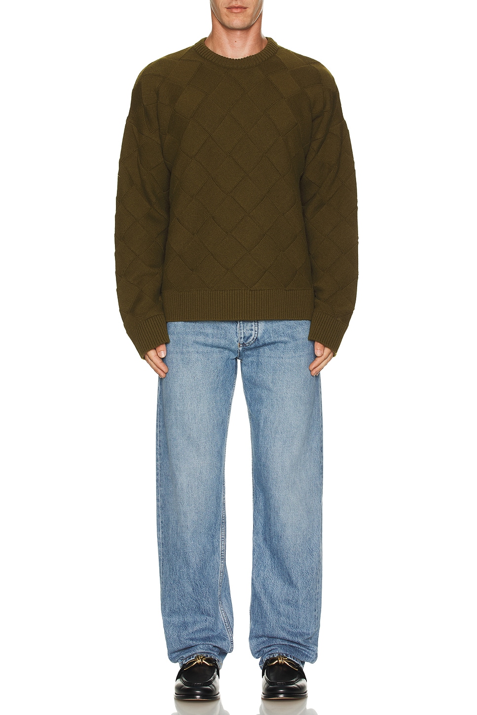 Image 1 of Bottega Veneta Crew Neck Wool Intreccio 3d Knit Sweater in Olive Oil