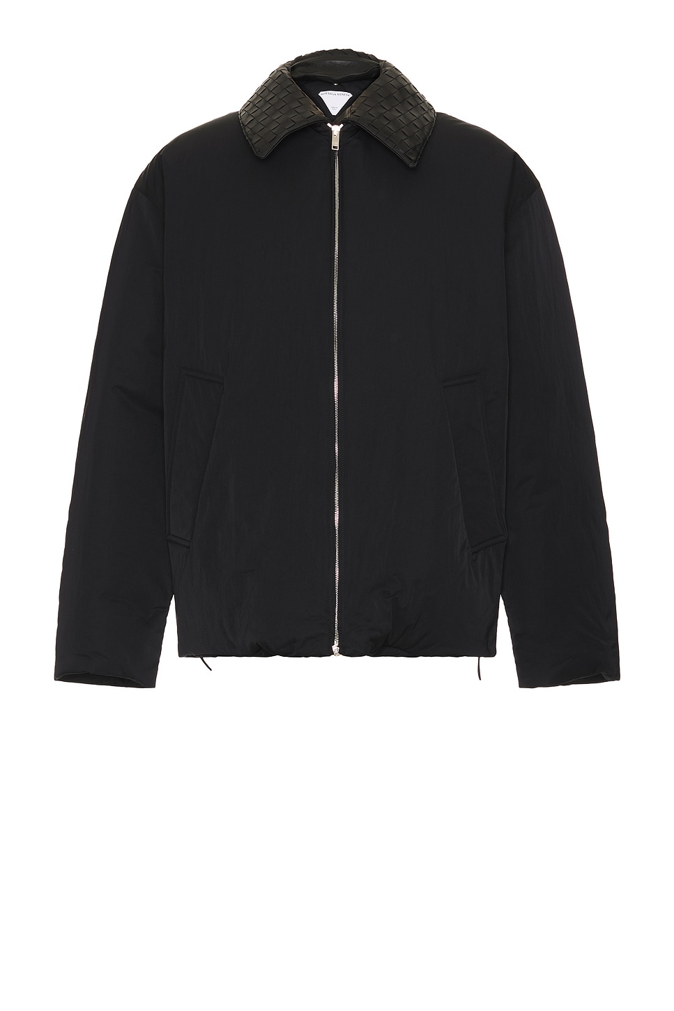 Shop Bottega Veneta Tech Nylon With Intrecciato Leather Collar Puffer Jacket In Black