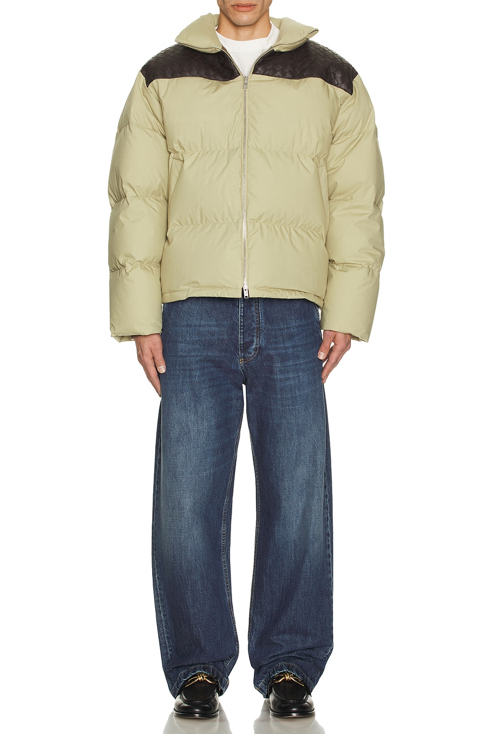 Image 1 of Bottega Veneta Intrecciato Shoulder Accent Puffer Jacket in Travertine