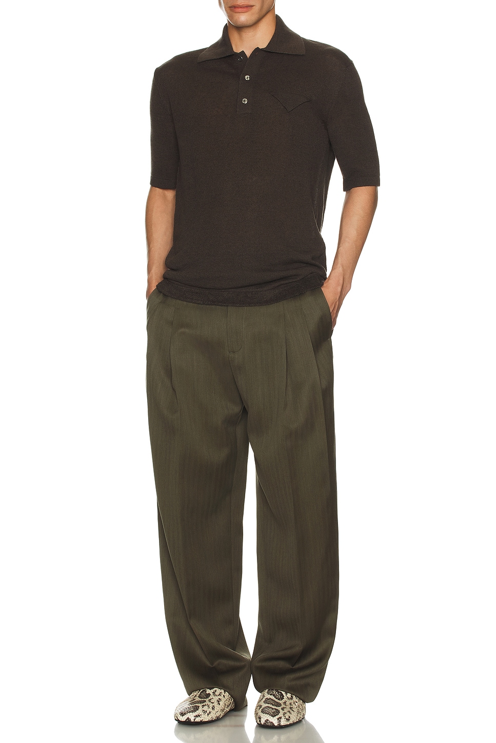 Image 1 of Bottega Veneta Subtle Wool Chevron Two Pleats Straight Trousers in Forest & Caper Melange