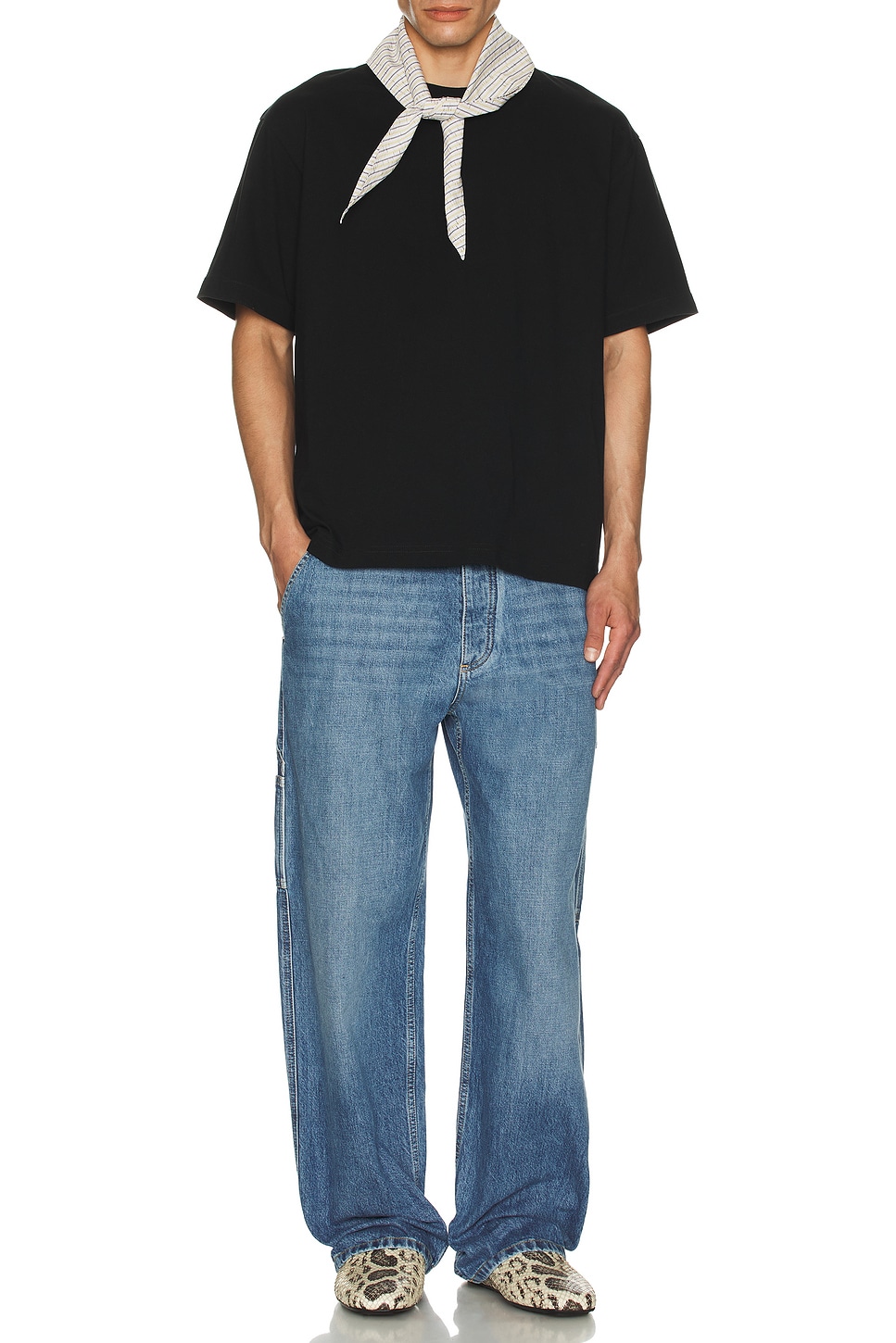 Image 1 of Bottega Veneta Pima Cotton Jersey Foulard Collar Tee in Black, Yellow, & Navy