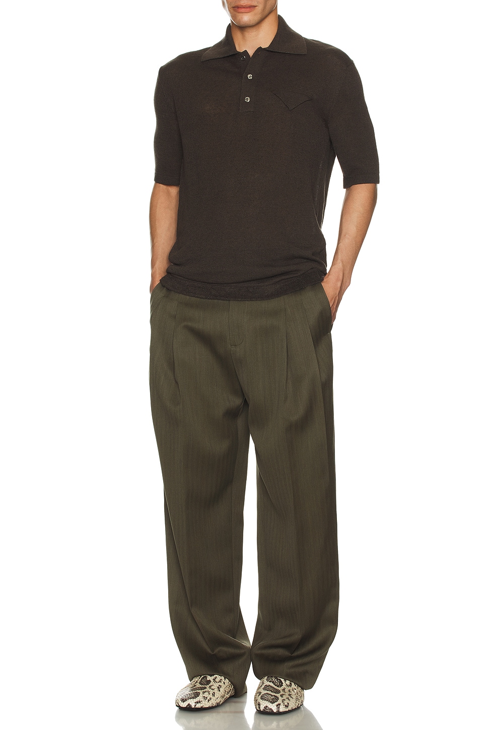 Image 1 of Bottega Veneta Lightweight Linen Triangle Pocket Polo in Dark Brown Melange