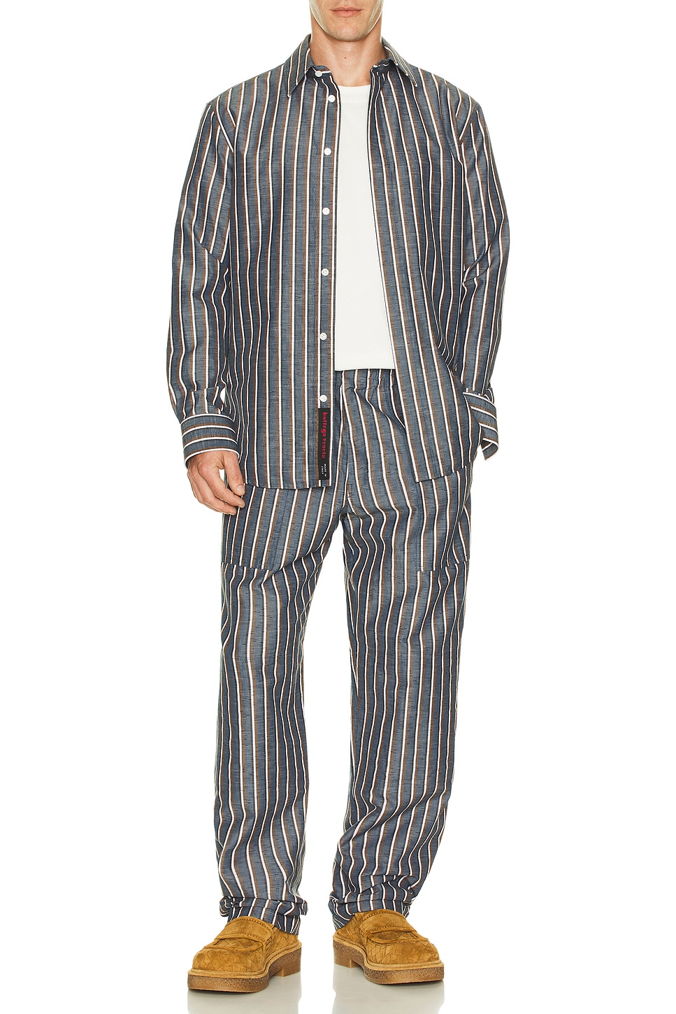 Image 1 of Bottega Veneta Bold Botton Linen Stripe Shirt in Blue, Khaki, & Black