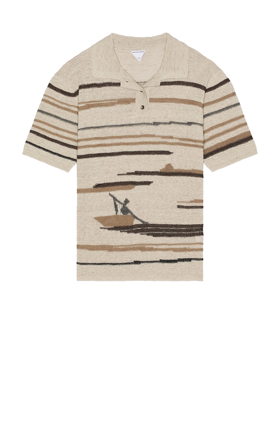 Image 1 of Bottega Veneta Linen Graphic Knit Polo in Bone, Truffle, & Chalk