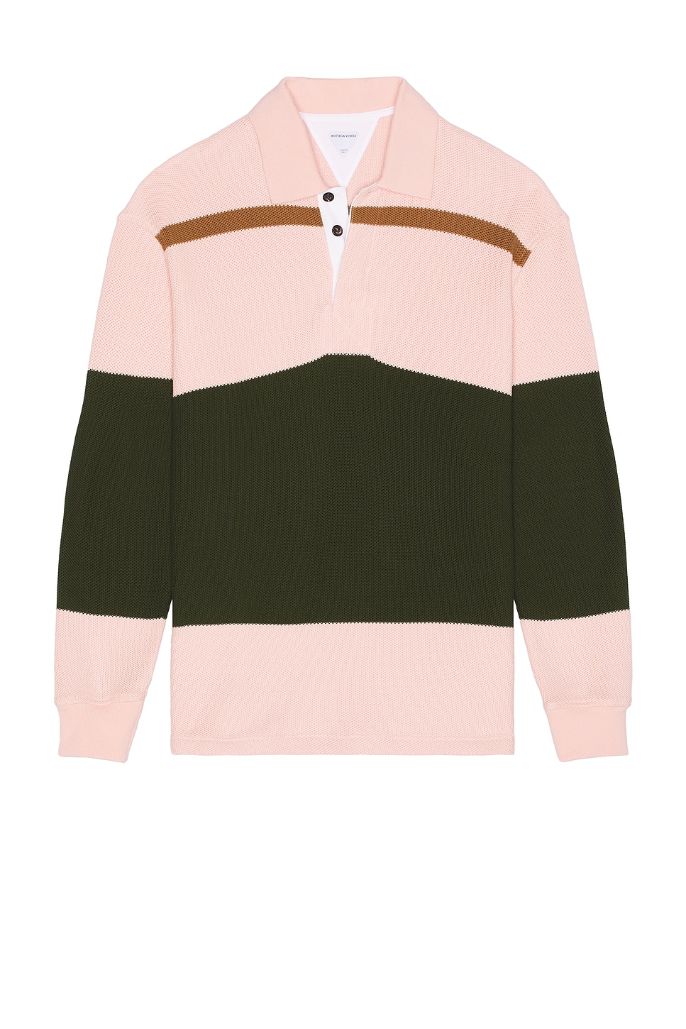 Image 1 of Bottega Veneta Jumbo Cotton Pique Stripe Polo in Camelia, Camo, & Jute