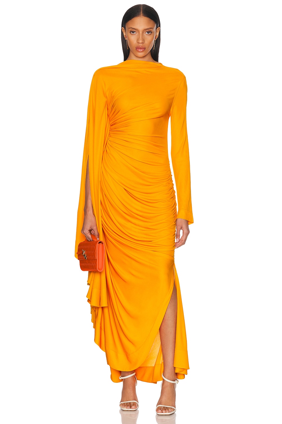 Image 1 of Bottega Veneta Ruched Long Dress in Mandarin