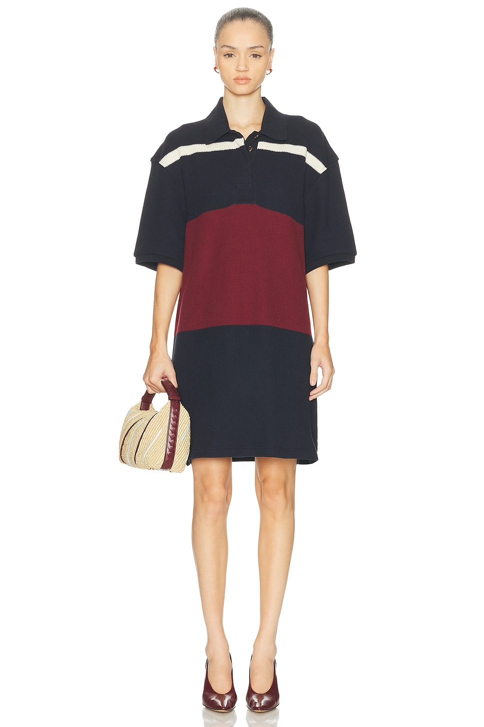Image 1 of Bottega Veneta Short Sleeve Polo Dress in Navy, Burdundy, & Quinoa