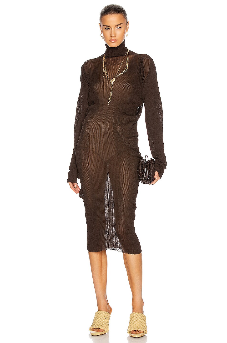 Image 1 of Bottega Veneta Rib Turtleneck Midi Dress in Bark