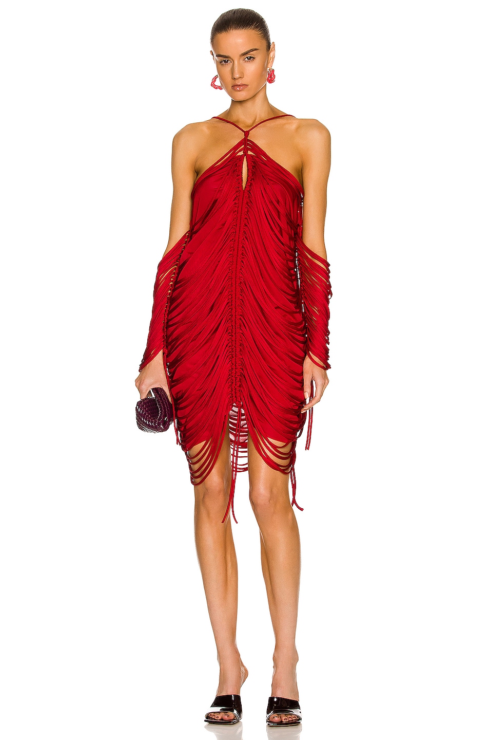Image 1 of Bottega Veneta Shiny Viscose Fringe Knit Dress in Scarlet