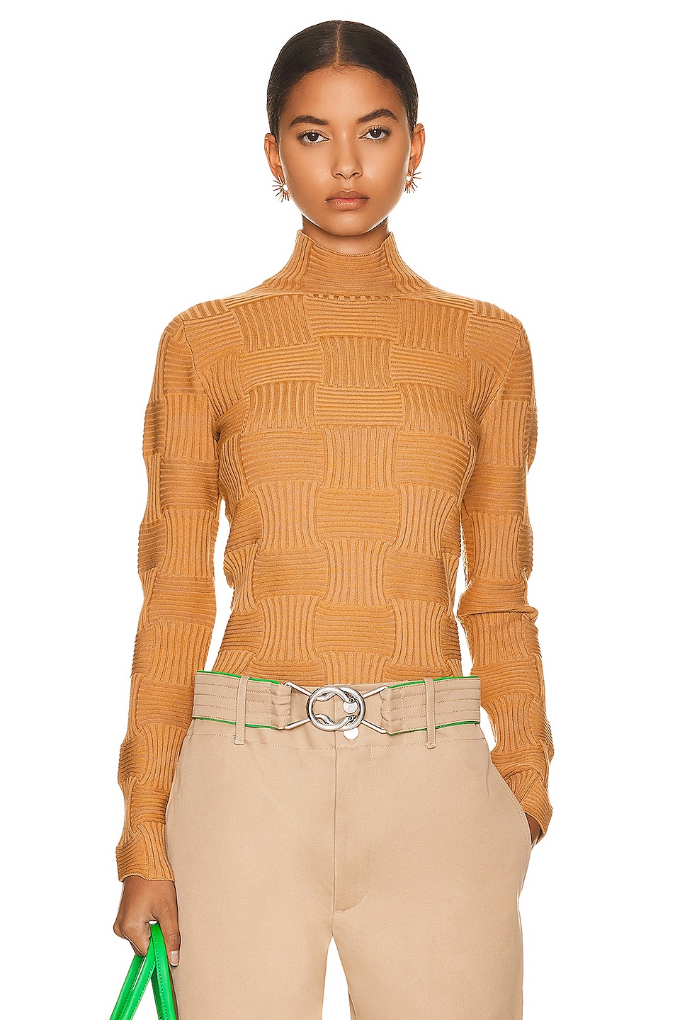 Image 1 of Bottega Veneta Lightweight Turtleneck Sweater in Camel & Butterscotch