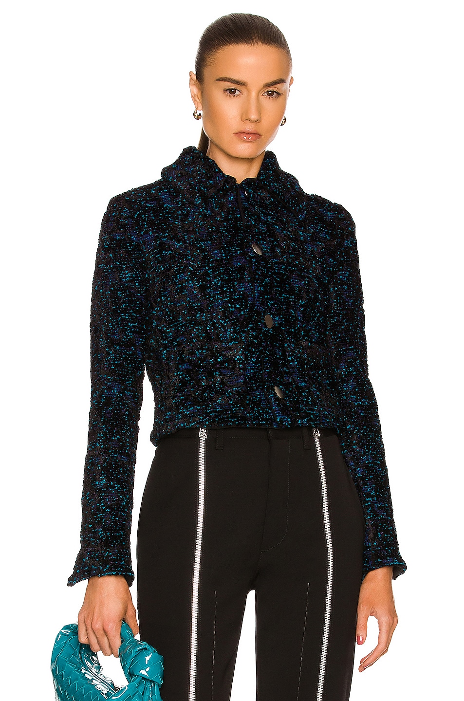 Image 1 of Bottega Veneta Blossom Chenille Boucle Jacket in Blue, Black, & Vamp