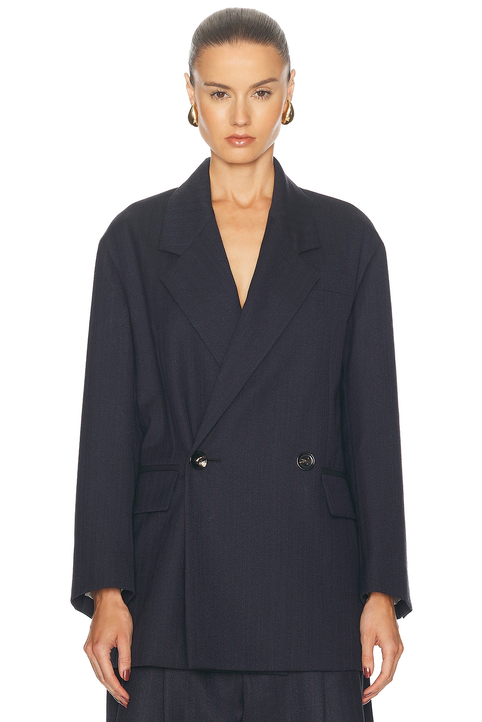 Shop Bottega Veneta Double Breasted Blazer In Black & Blue Melange