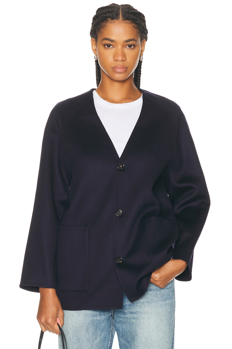 Collarless Coat in Navy