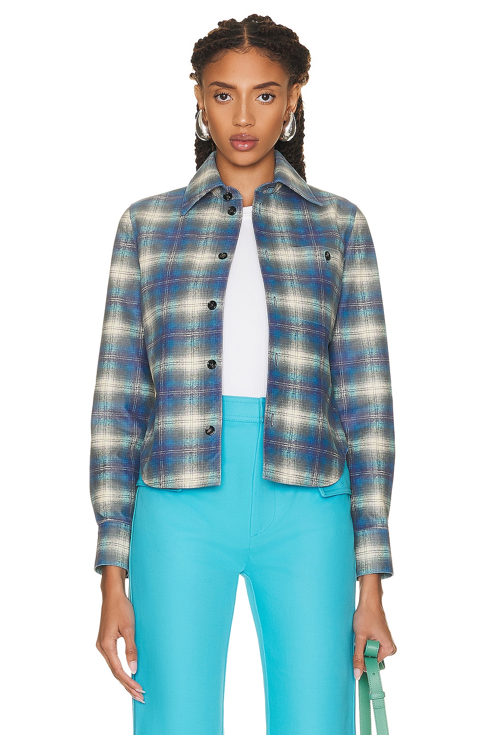 Image 1 of Bottega Veneta Leather Check Flannel Shirt in Multi Light Blue