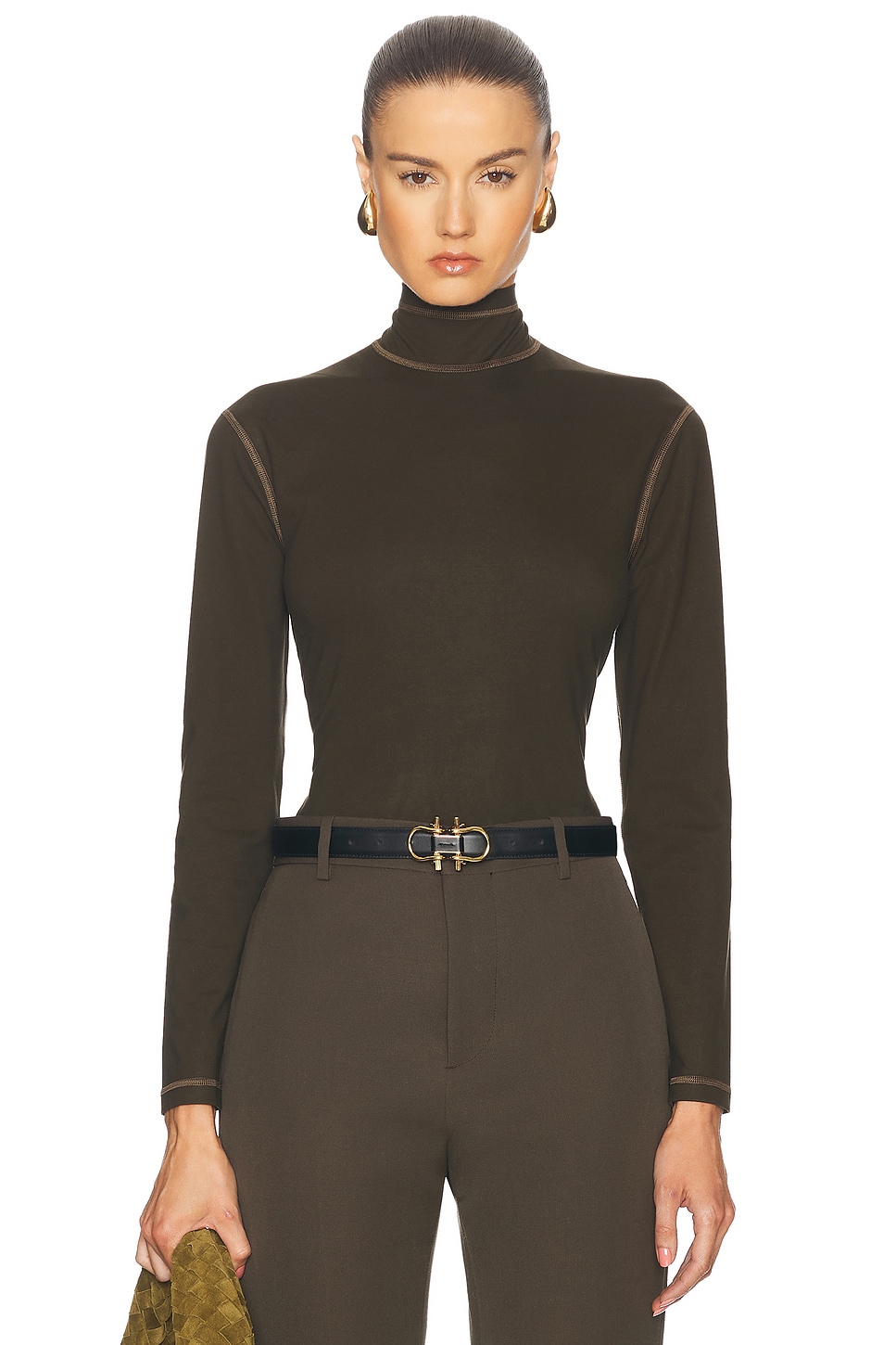 Image 1 of Bottega Veneta Long Sleeve Turtleneck Top in Dark Olive