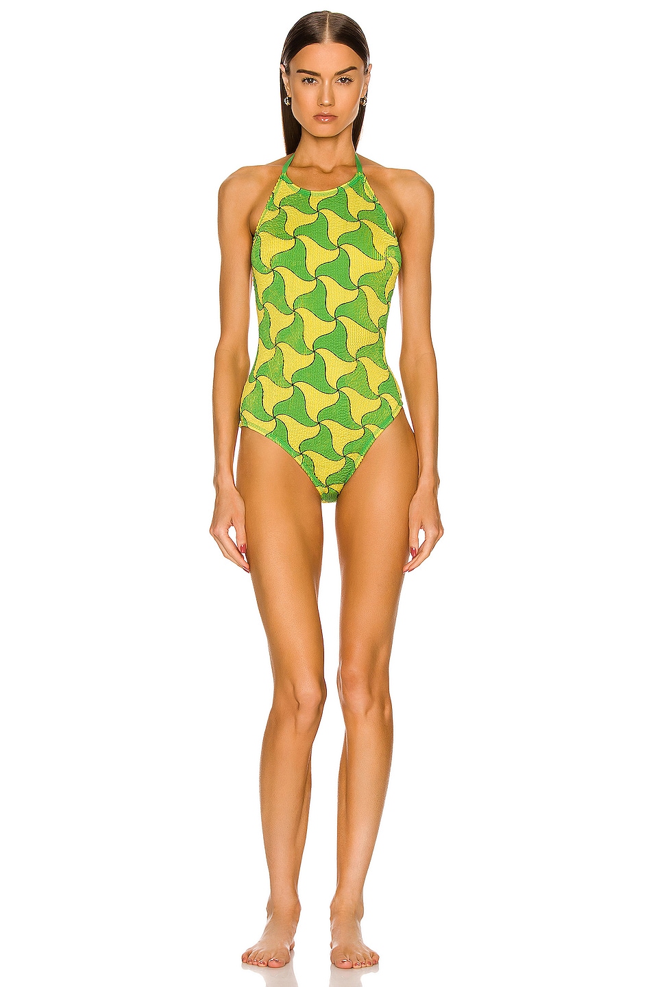Image 1 of Bottega Veneta Wavy Triangle Crinkle Swimsuit in Parakeet & Kiwi