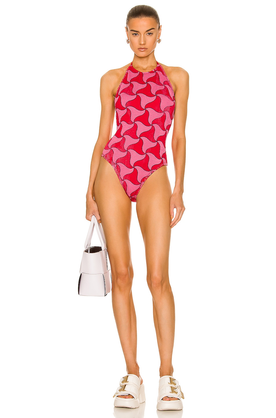 Image 1 of Bottega Veneta Wavy Triangle Crinkle Swimsuit in Pink & Scarlet
