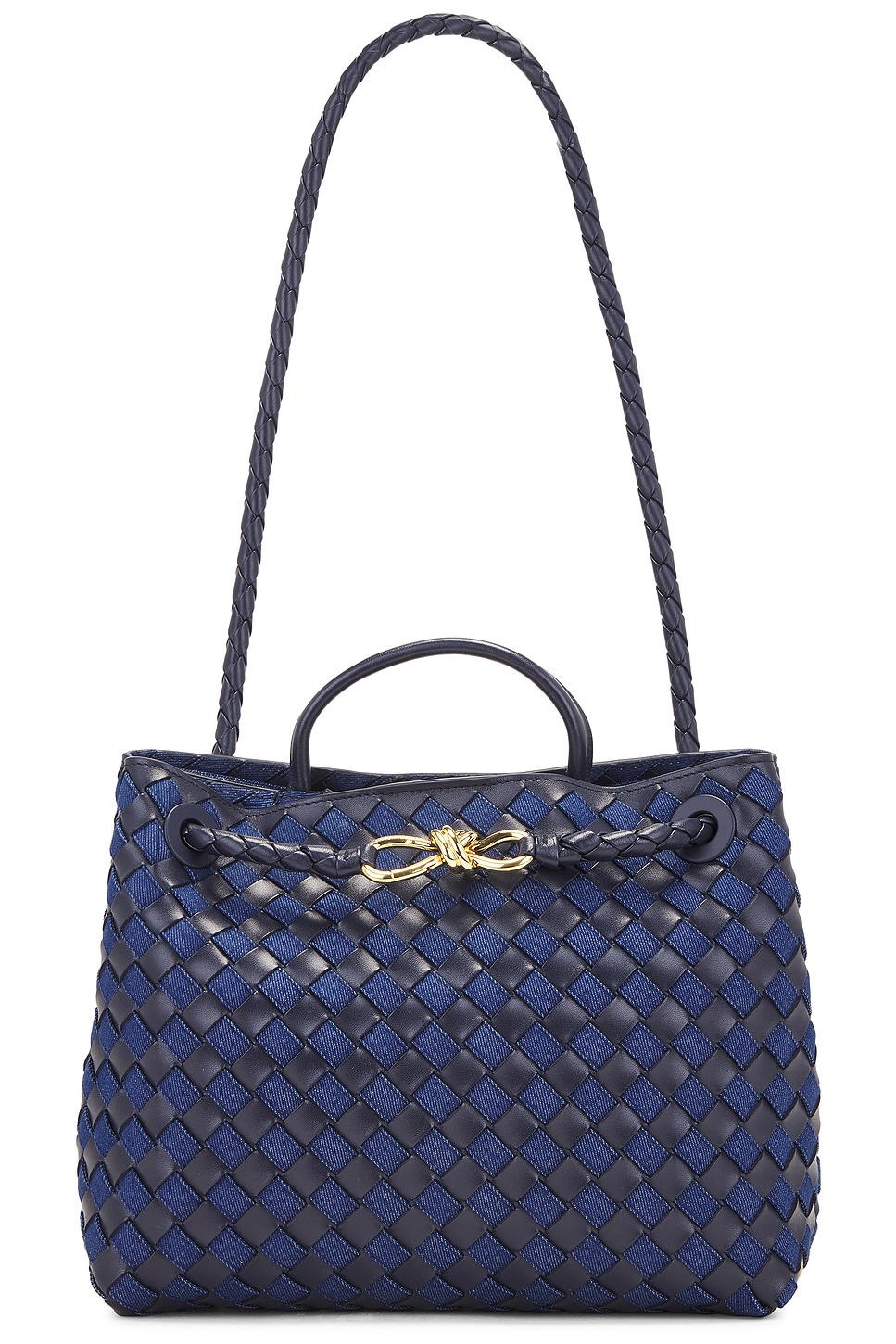 Shop Bottega Veneta Medium Andiamo Bag In Abyss  Indigo  & Muse Brass