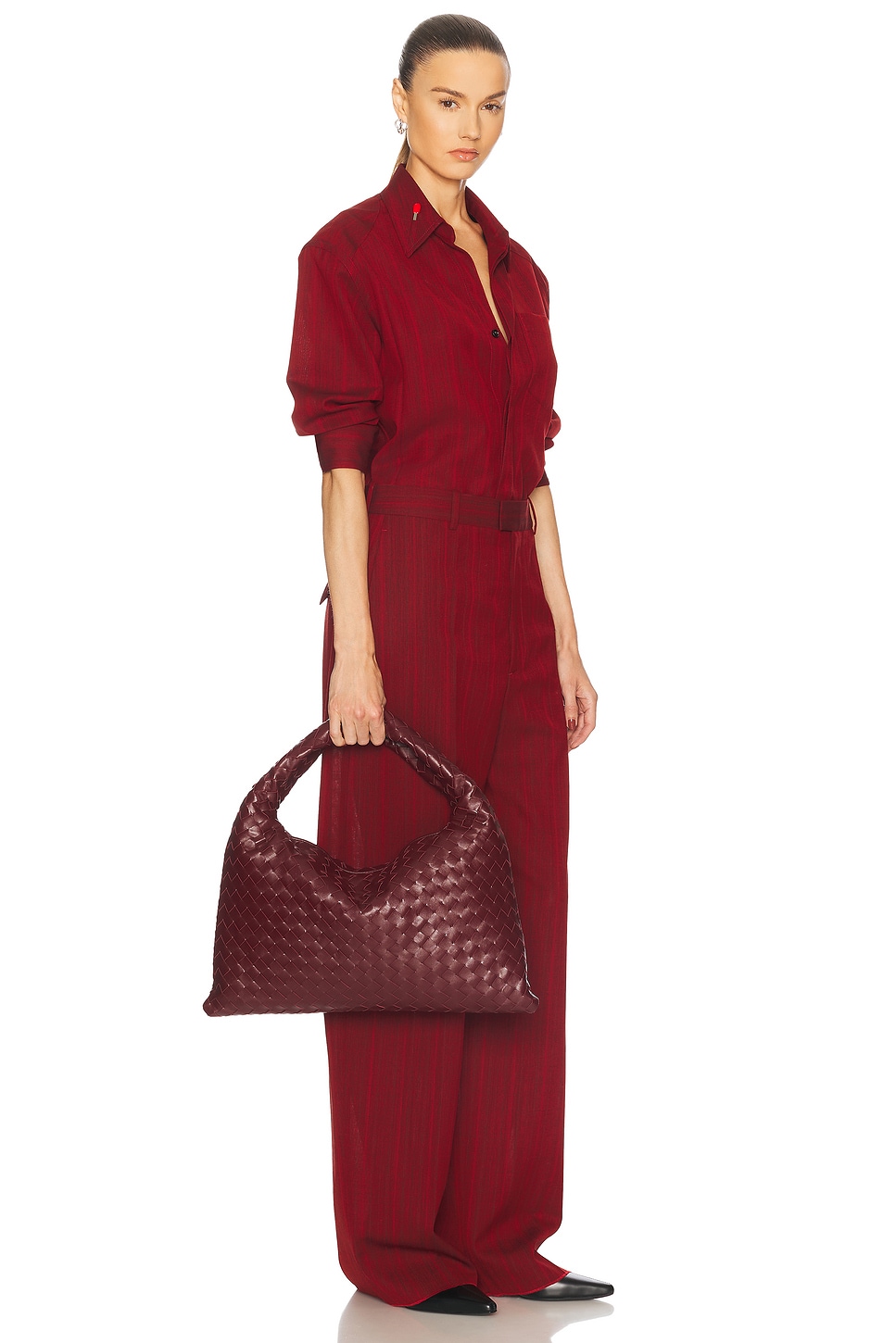 Bottega Veneta Leather Shoulder Bag With Intrecciato Motif In Barolo & Muse Brass