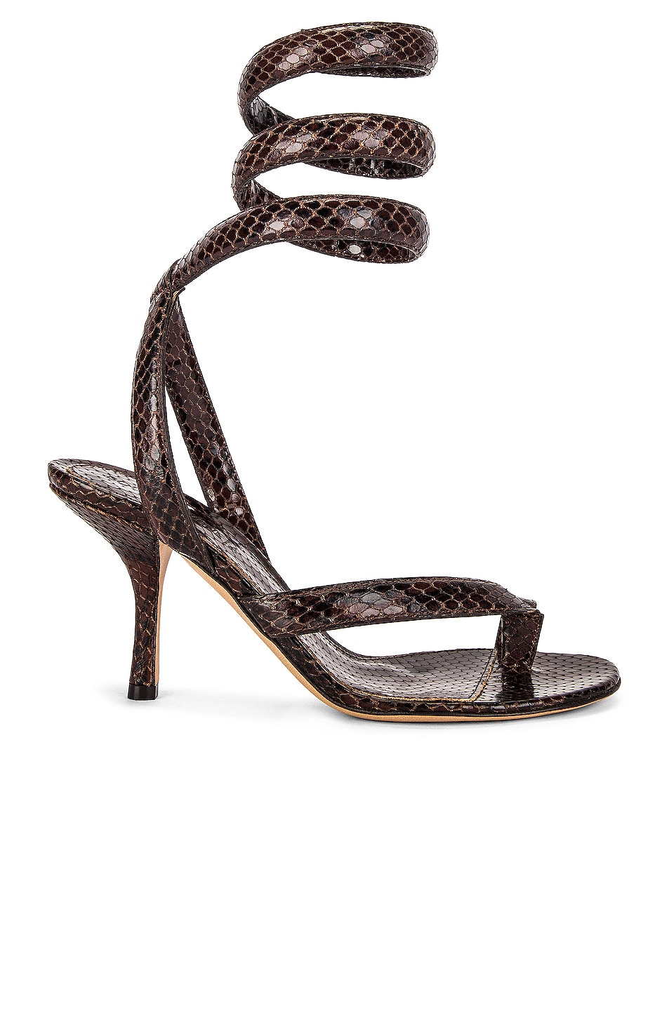 Bottega Veneta Printed Python Ankle Twist Heels in Chocolate | FWRD