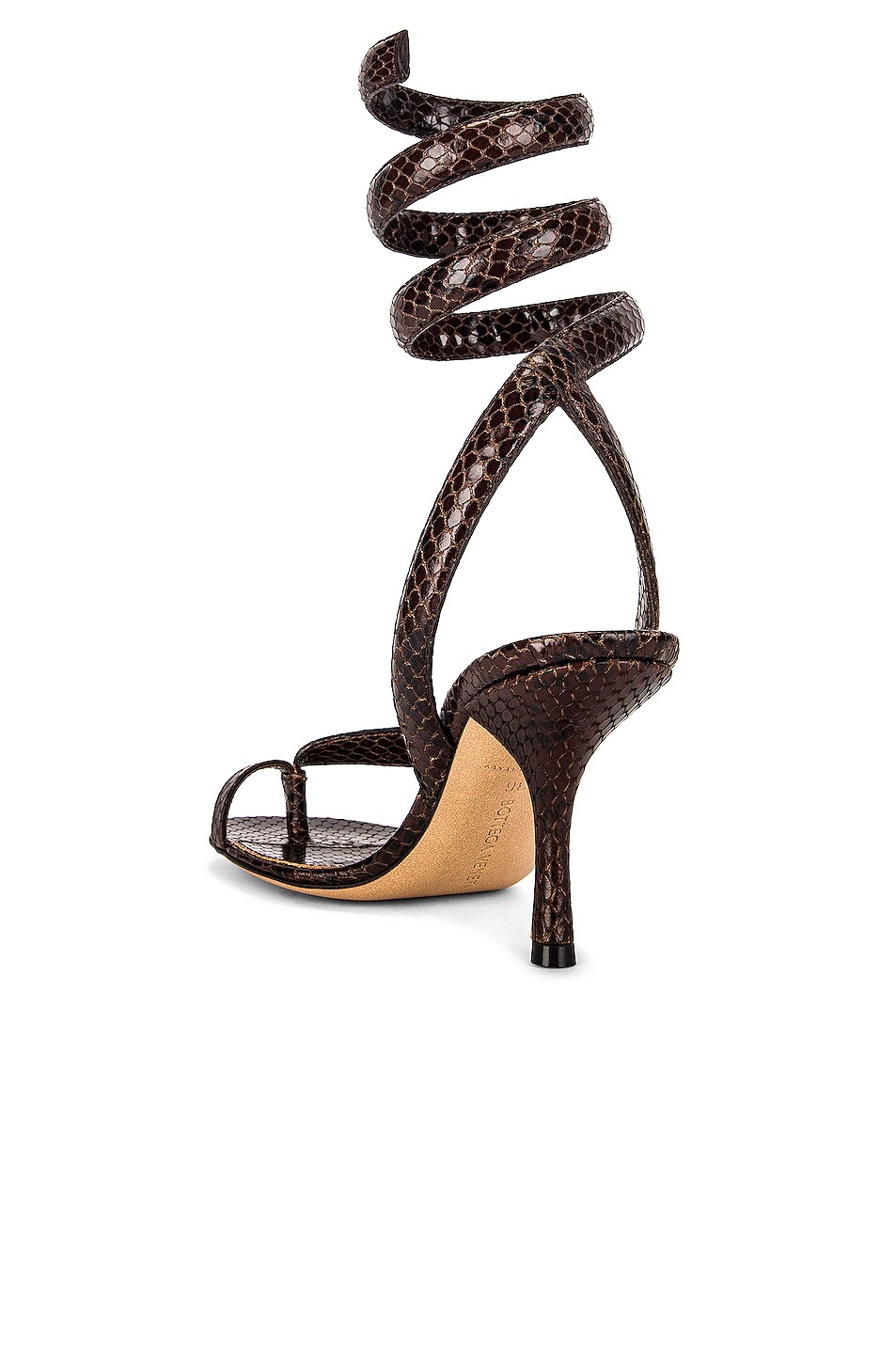 Bottega Veneta Printed Python Ankle Twist Heels in Chocolate | FWRD