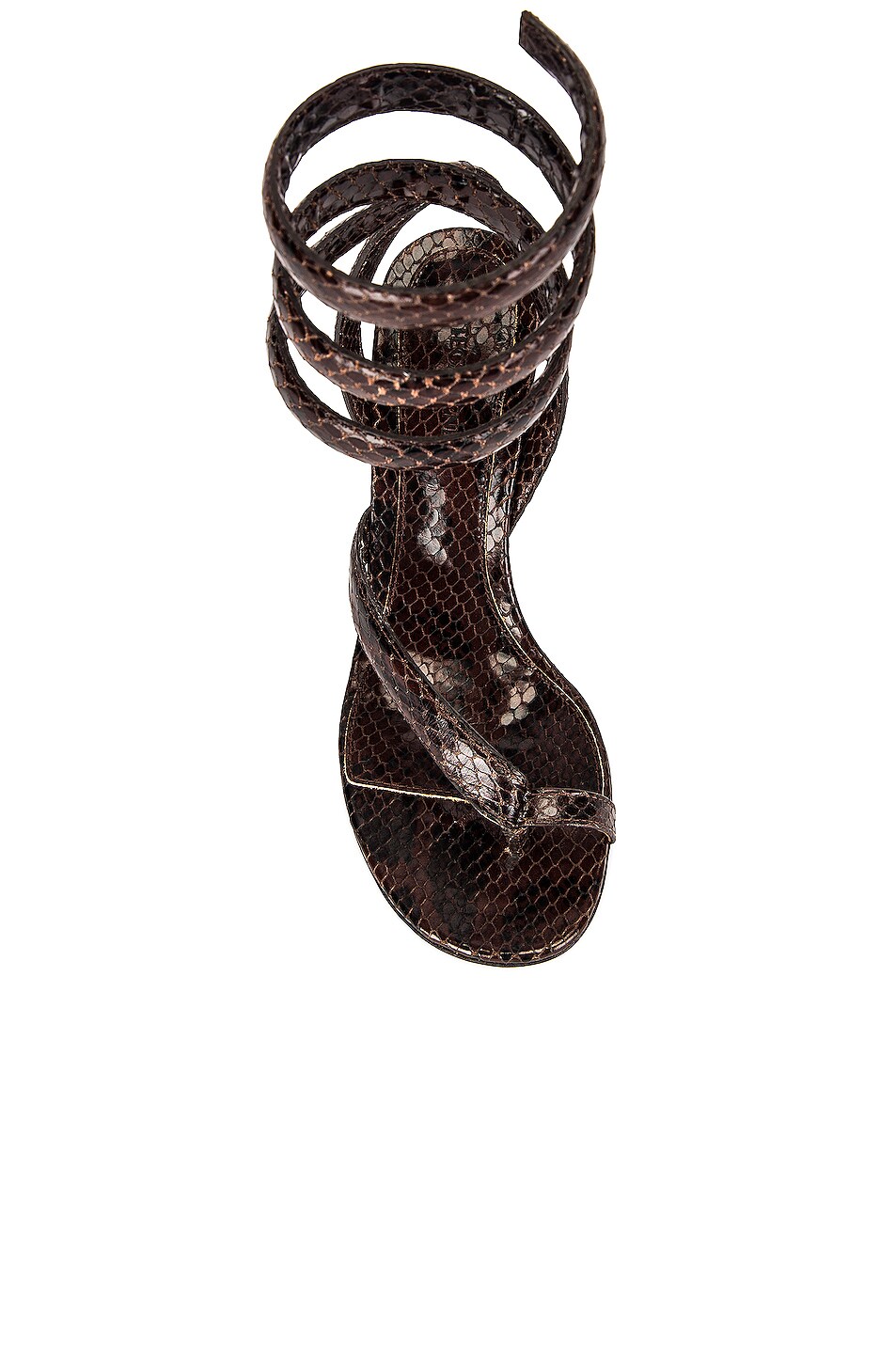 Bottega Veneta Printed Python Ankle Twist Heels in Chocolate | FWRD