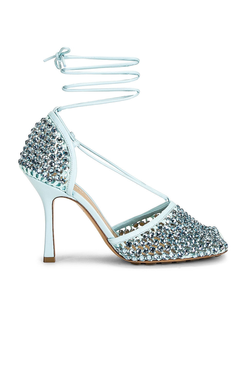 Image 1 of Bottega Veneta Web Sparkle Stretch Lace Up Sandals in Pale Blue