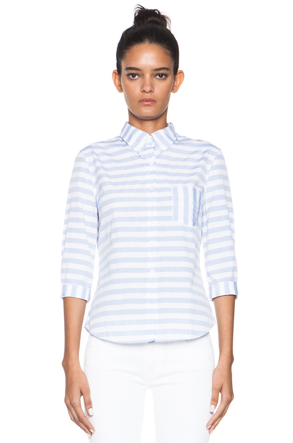 Image 1 of Boy. by Band of Outsiders Cropped Sleeve Shirt in Blue & Ecru