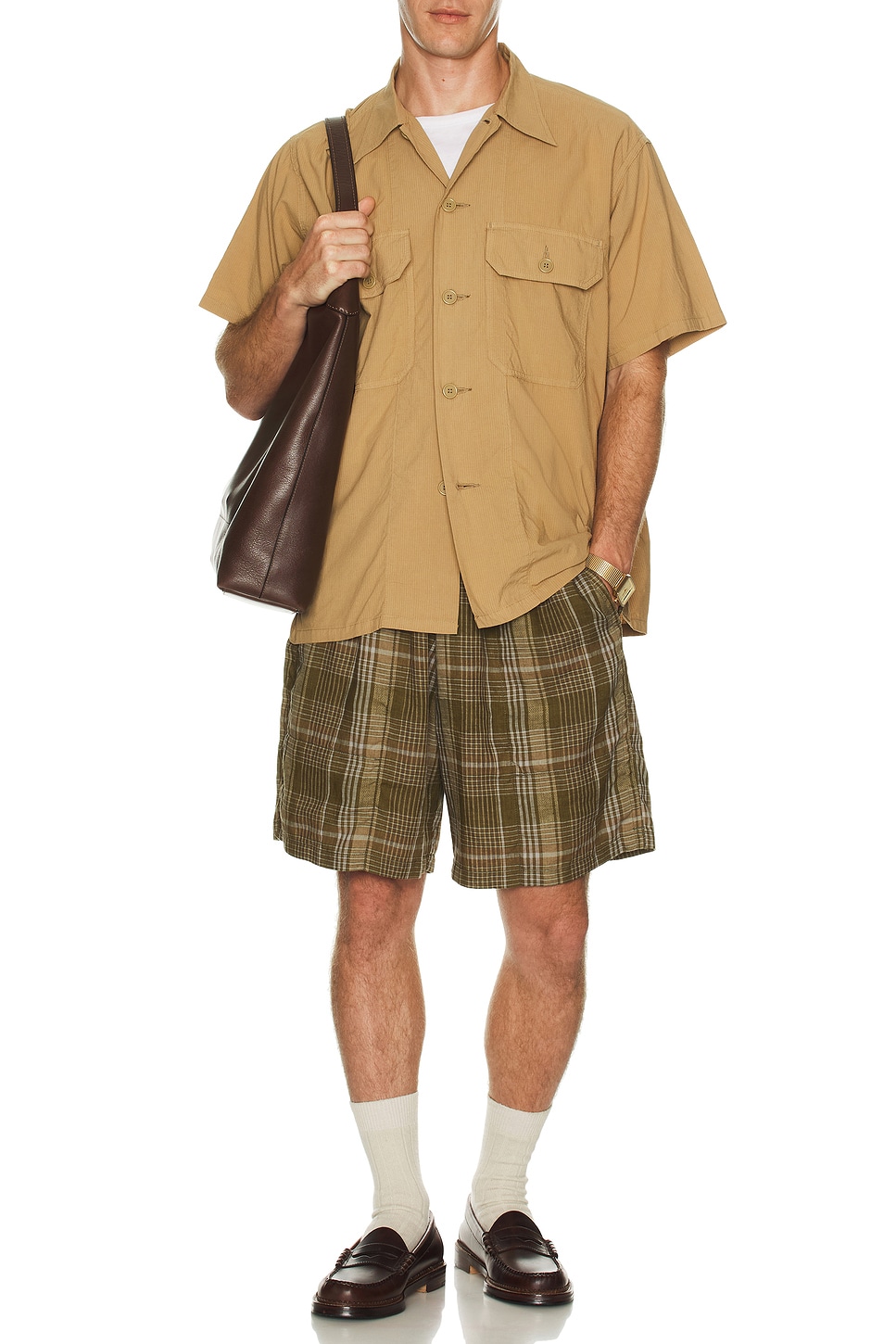 Image 1 of Beams Plus Gym Shorts Mesh Plaid in Olive Plaid